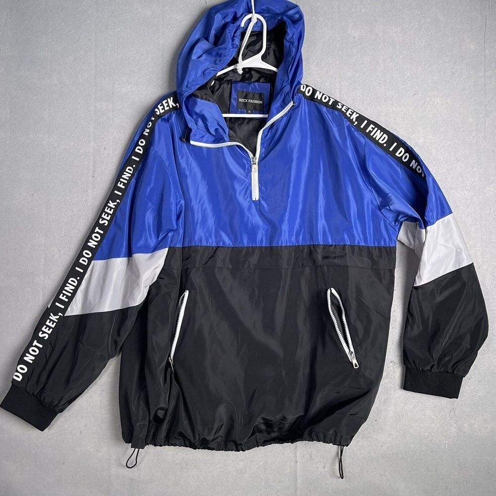 Rare HZCX Fashion 1/4‎ Zip Hooded Pullover Windbreaker Rain Jacket Men XL Blue